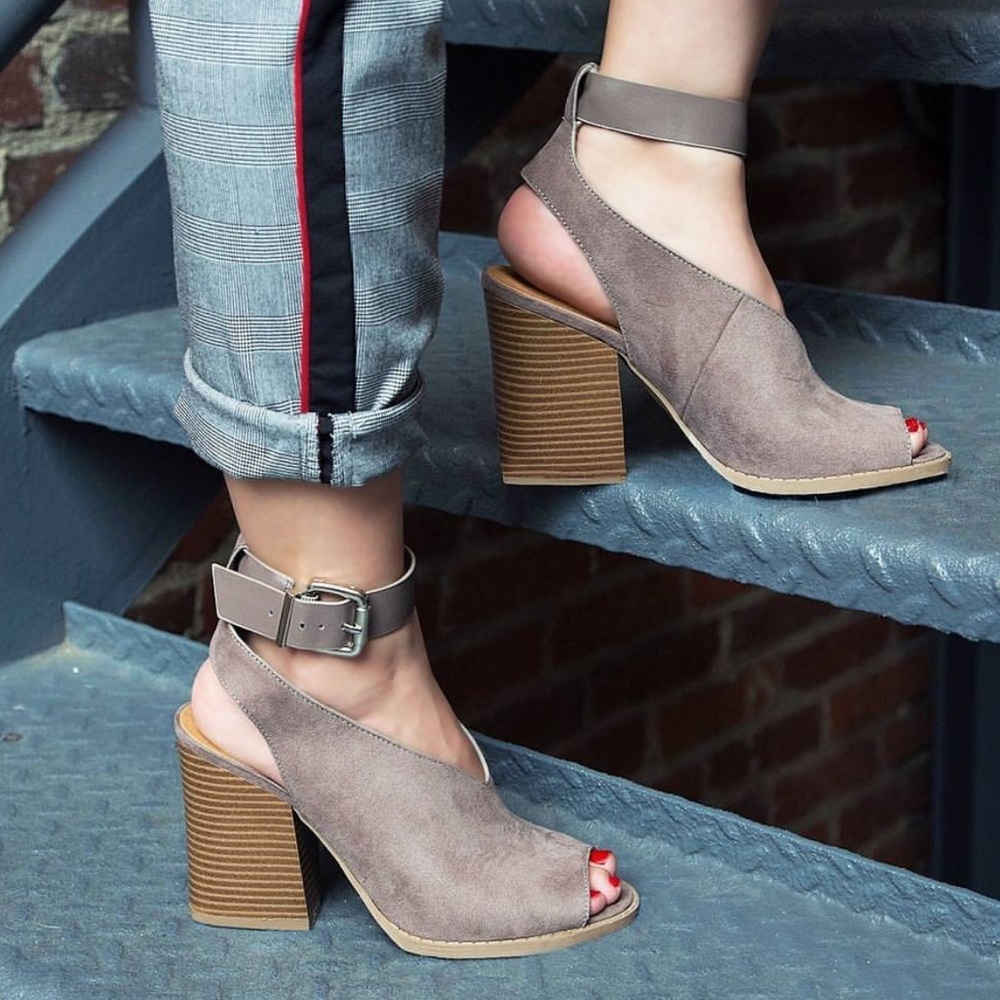 Taupe Stacked Heel Ankle Strap Bootie
